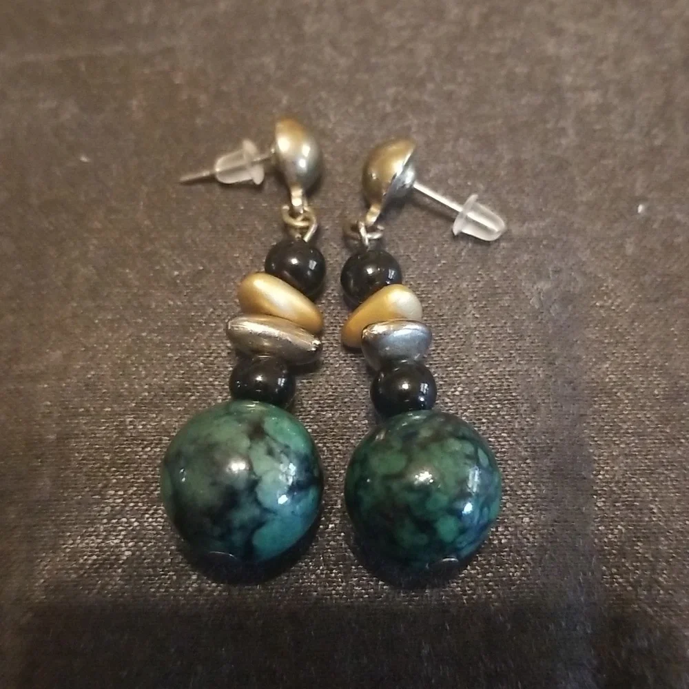 Vintage Green And Black Marbled Earrings